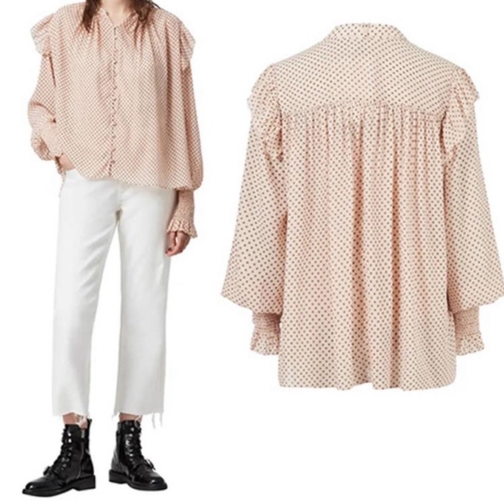 All Saints Black and Cream Ruffled Blouse with Mandarin Collar